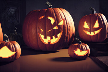 Happy Halloween Background with lighted Jack O Lantern pumpkins