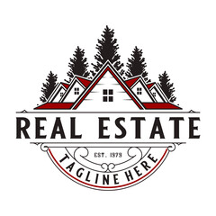 real estate vector logo design. illustration of the roof of a house with a pine tree in the form of an emblem, for real estate companies, construction and housing businesses