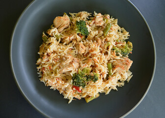Malaysian coconut chicken with rice and broccoli