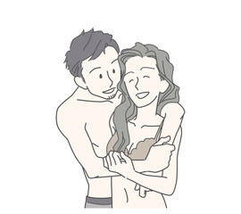 リラックスして抱き合う40代くらいのカップル　バックハグ　男女　恋人　恋愛