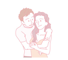 リラックスした雰囲気で寄り添う40代くらいの恋人　バックハグ　見つめ合う　カップル　男女