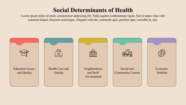 Social determinants of health infographic template with icons and text space.