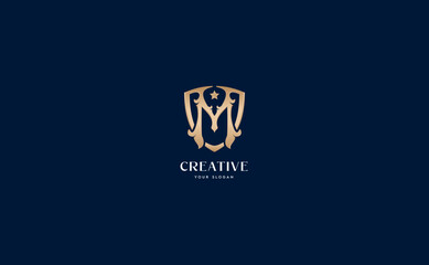 Golden royal luxury initial logo. Illustration badge emblem letter M symbol. Monogram vector illustration isolated dark blue background.