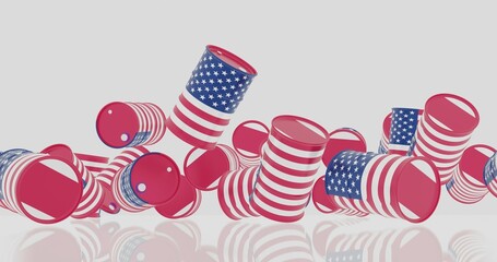 Obraz premium 3d render of crude oil barrels in US flag dropping