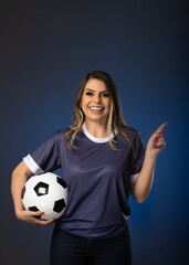 woman soccer fan cheering for her favorite club and team. world cup blue background