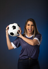 woman soccer fan cheering for her favorite club and team. world cup blue background