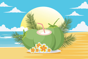 Fototapeta na wymiar Coconut drink. Beautiful sunrise . Coconut vector. Beautiful beach illustration at sunrise