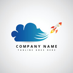 Advanced technology of rocket gliding and cloud vector logo design.