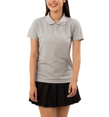 Young woman in grey polo shirt mockup cutout, Png file.