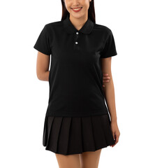 Young woman in black polo shirt mockup cutout, Png file.