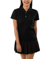 Young woman in black polo shirt mockup cutout, Png file.