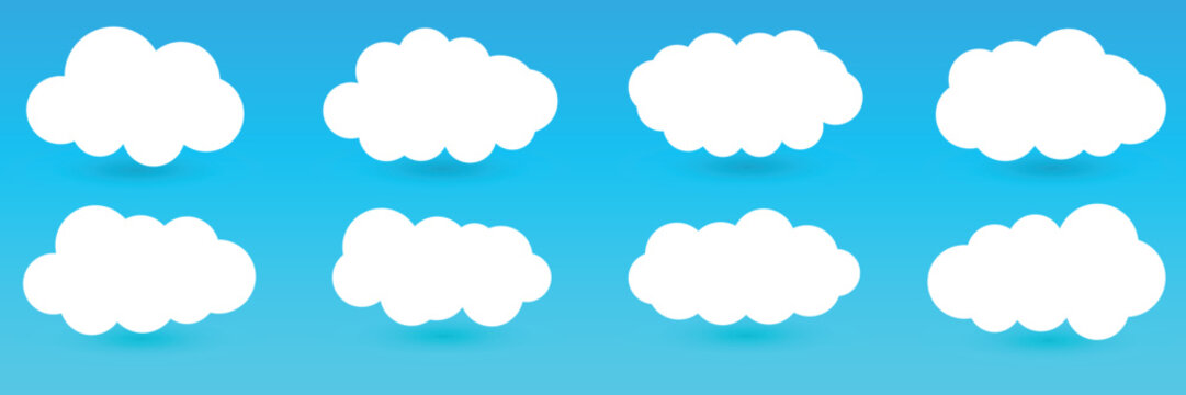Clouds set isolated on a blue background. Simple cute cartoon design.