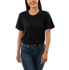 Young woman in black T shirt mockup cutout, Png file.