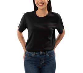 Young woman in black T shirt mockup cutout, Png file.