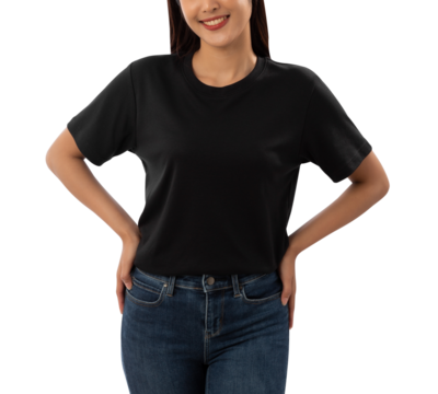 Young woman in black T shirt mockup cutout, Png file.