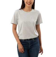 Obraz premium Young woman in grey T shirt mockup cutout, Png file.
