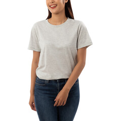 Obraz premium Young woman in grey T shirt mockup cutout, Png file.