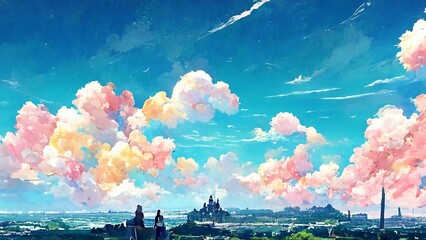 イラスト 絵画 雲 城 ファンタジー 天空 青空 - obrazy, fototapety, plakaty