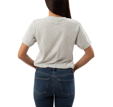Young Woman In Grey T Shirt Mockup Cutout, Png File.