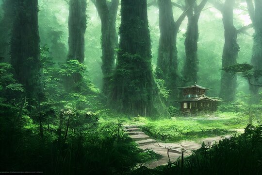 イラスト 絵画 自然 山 森 樹木 秘境 建物