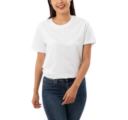 Obraz premium Young woman in white T shirt mockup cutout, Png file.