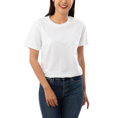 Young woman in white T shirt mockup cutout, Png file.