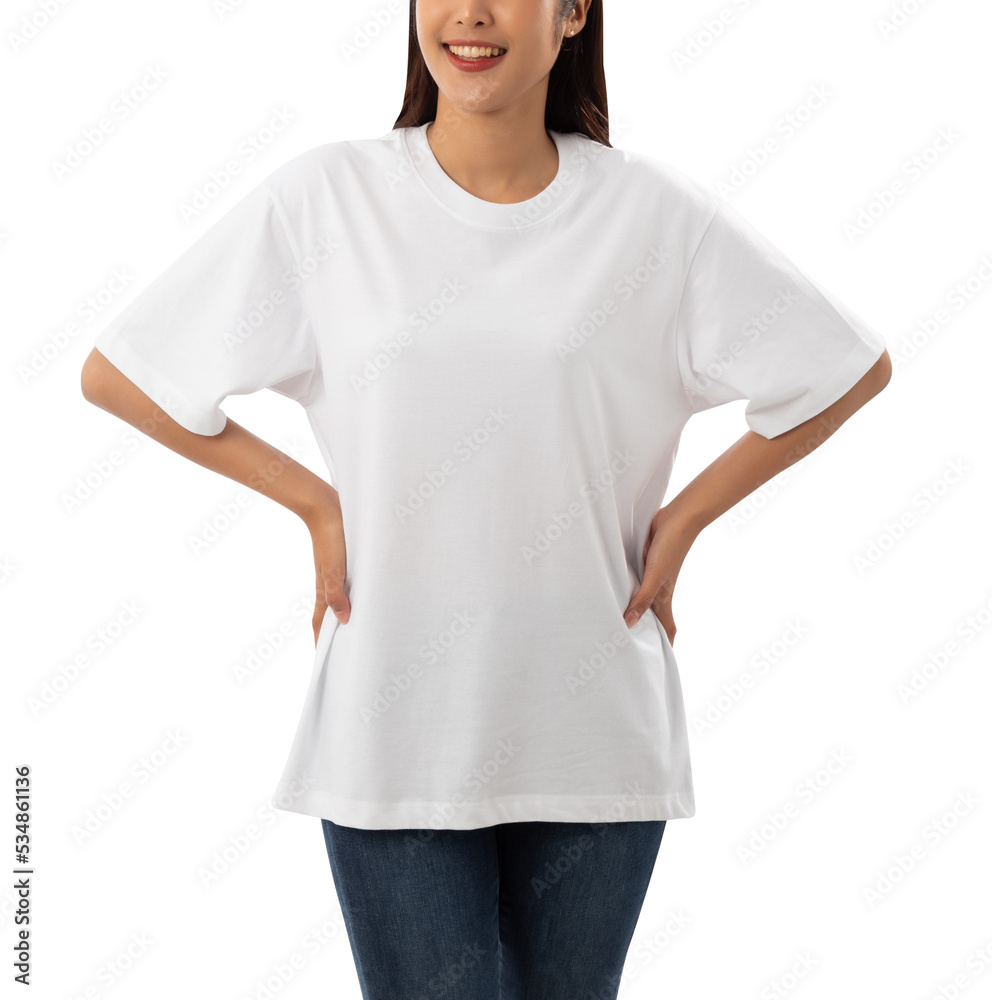 Poster Young woman in white oversize T shirt mockup cutout, Png file.