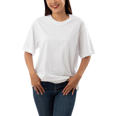 Obraz premium Young woman in white oversize T shirt mockup cutout, Png file.