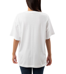 Young woman in white oversize T shirt mockup cutout, Png file.