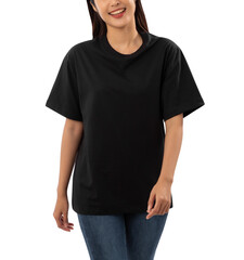 Young woman in black oversize T shirt mockup cutout, Png file.