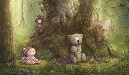 Teddy bear in an enchanted forest woods, storybook cover illustration