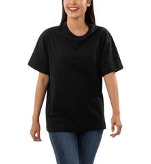 Obraz premium Young woman in black oversize T shirt mockup cutout, Png file.