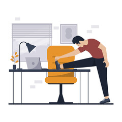 Flat design of man stretching at workplace. Illustration for websites, landing pages, mobile applications, posters and banners. Trendy flat vector illustration
