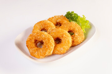Deep fried shrimp cake on a white background, Thai food