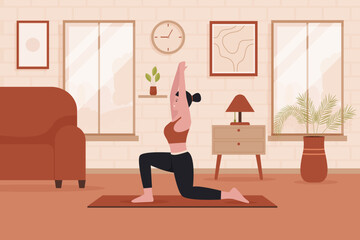 Flat design of woman practicing yoga in living room. Illustration for websites, landing pages, mobile applications, posters and banners. Trendy flat vector illustration