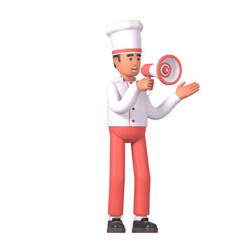 3d render of cheerful cook in white uniform holding and speaking in megaphone