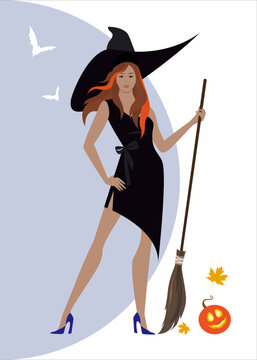 Halloween beautiful witch with broomstick and pumpkin on full moon