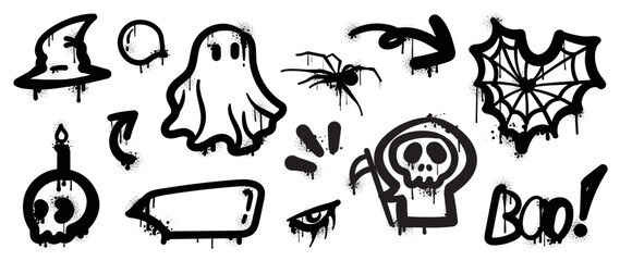 Set of graffiti spray pattern. Collection of halloween symbols, speech bubble, arrow, ghost, spider web, skull with spray texture. Elements on white background for, decoration, street art, halloween. © TWINS DESIGN STUDIO
