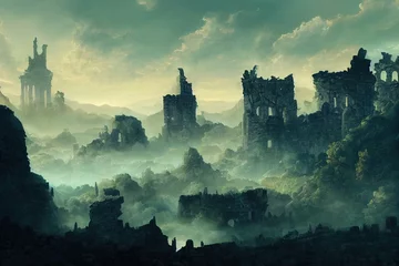 Foto op Plexiglas digitale illustratie van fantasie middeleeuws milieu landschap concept achtergrond in oude ruïne stad zwevend in de lucht © 2ragon