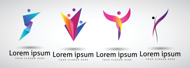 Vector Set Human Body Logos, People Shapes, Linear Colorful Stylized Figures. Use For Fitness, Wellness, Sport Competitions, Other Activities Identity. Healthy Lifestyle, Dancing Icons, Etc.
