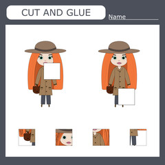 Worksheet vector design, the task is to cut and glue a piece on girls.  Logic game for children.
