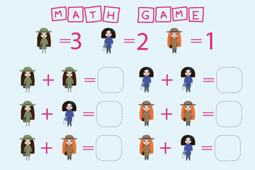 Educational game for children, kids.  Game learning math, counting game. Vector illustration for print, page
