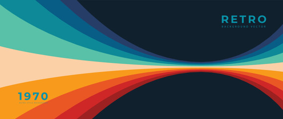Abstract colorful 70s background vector. Vintage retro style wallpaper with lines, rainbow wavy stripes. 1970 color illustration design suitable for poster, banner, decorative, wall art. © TWINS DESIGN STUDIO