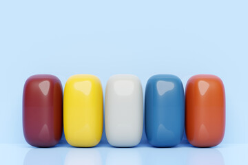 Five multi-colored volumetric blocks. Samples for painting