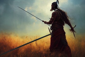 ancient warrior with the magic spear standing in the field, digital art style, illustration painting - obrazy, fototapety, plakaty