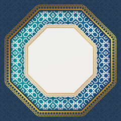 Obraz premium Arabic islamic elegant blue and golden luxury ornamental background with arabic border pattern.