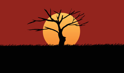 Silhouette of a oak against sunset. Vector. eps 8