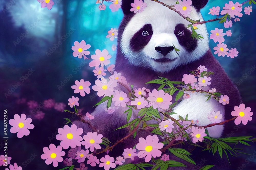 Poster a fantasy japan panda with flowers and a beautiful magical fairy tale enchanted forest. artistic abs