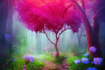 A fantasy rabbit with flowers and a beautiful magical fairy tale enchanted forest. Artistic abstract beautiful nature. Perfect for phone wallpaper or for posters.