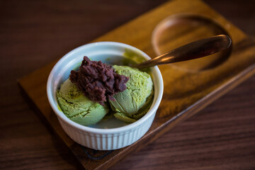 Homemade green tea or matcha ice cream with sweet red bean